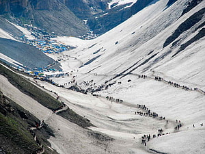Amarnath Yatra Pilgrims Trekking Through Snowy Mountain Valley HD wallpaper
