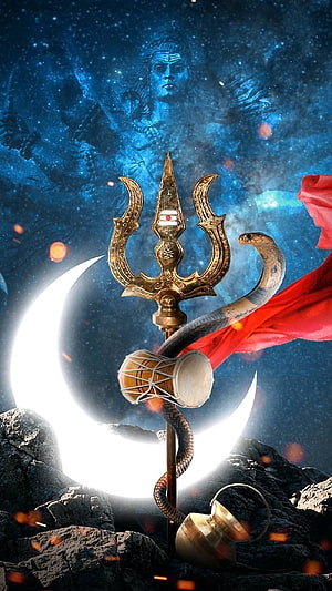 Lord Shiva Trishul Wallpaper With Crescent Moon, Snake, and Cosmic Background HD phone wallpaper