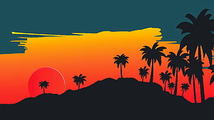 Minimalist tropical sunset with palm tree silhouettes and bold gradient sky HD wallpaper