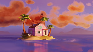 Kame House on a Tropical Island at Sunset with Palm Trees and Ocean HD wallpaper