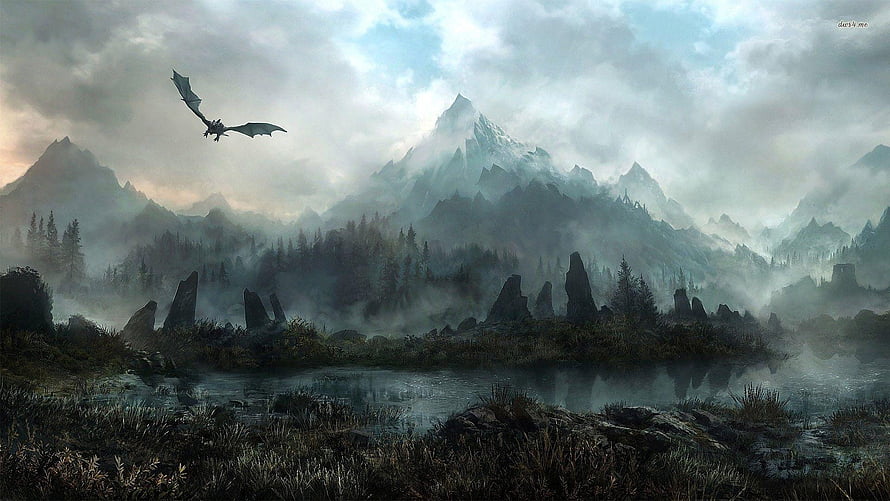 The Elder Scrolls V Skyrim Dragon Soaring Over Misty Mountain Landscape HD wallpaper
