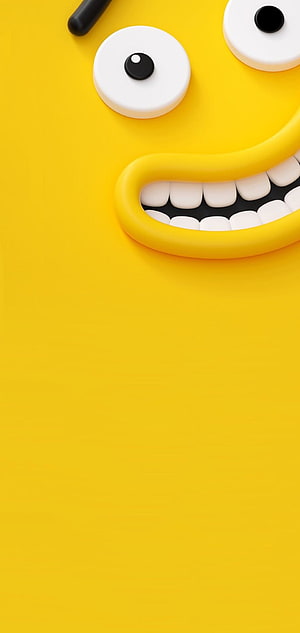 3D Yellow Smiling Face with White Teeth and Round Eyes on Minimalist Background HD phone wallpaper