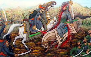 Historical painting of a medieval cavalry battle featuring warriors on horseback clashing with swords amidst a chaotic battlefield scene HD wallpaper