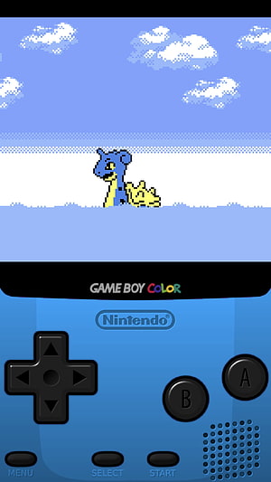 Blue Game Boy Color Console Displaying a Pixel Art Dragon in a Retro Sky Scene HD phone wallpaper