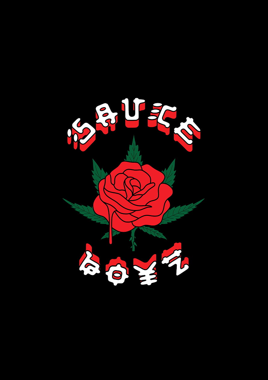 Red Rose and Cannabis Leaves Graphic Design with Dripping Text on Black Background HD phone wallpaper