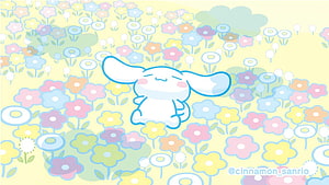 Cinnamoroll Sitting in a Pastel Flower Field with Soft Blue and Pink Blooms HD wallpaper