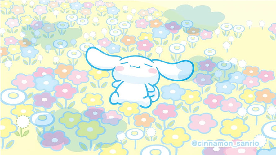Cinnamoroll Sitting in a Pastel Flower Field with Soft Blue and Pink Blooms HD wallpaper