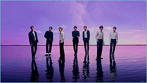 BTS Standing in Water Under Purple Starry Sky Reflection HD wallpaper