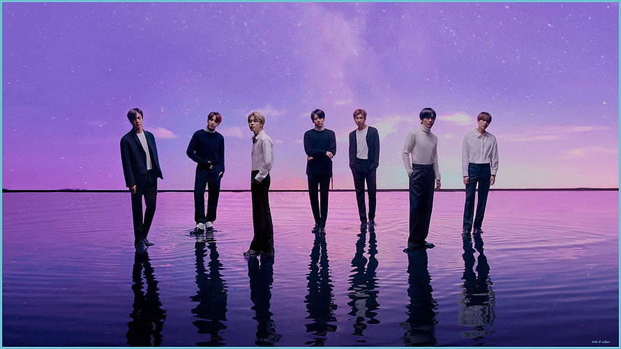 BTS Standing in Water Under Purple Starry Sky Reflection HD wallpaper
