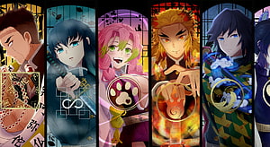 Demon Slayer Hashira Characters in Stained Glass Style with Breathing Symbols HD wallpaper