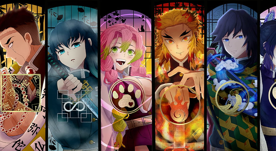 Demon Slayer Hashira Characters in Stained Glass Style with Breathing Symbols HD wallpaper