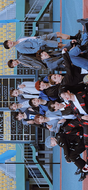 SEVENTEEN Group Photo at Stadium Track with Scoreboard HD phone wallpaper