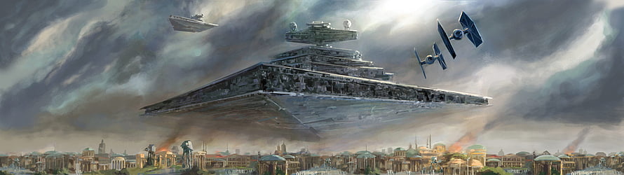 Star Wars Imperial Star Destroyer and TIE Fighters Hovering Over a City HD wallpaper