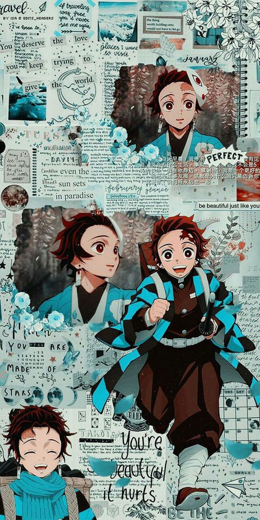 Tanjiro Kamado Demon Slayer Anime Collage Wallpaper with Inspirational Quotes and Floral Accents HD phone wallpaper