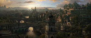 Panoramic View of Ancient Fantasy City with River and Bridges at Sunset HD wallpaper