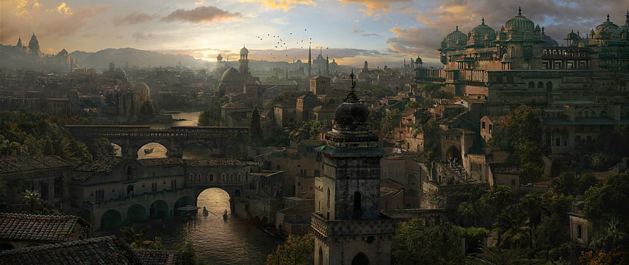 Panoramic View of Ancient Fantasy City with River and Bridges at Sunset HD wallpaper