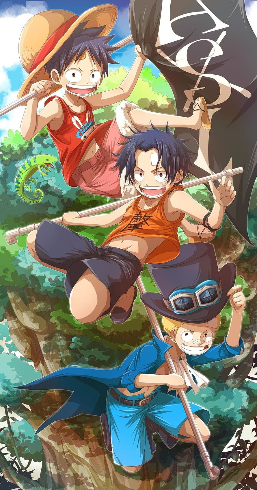 One Piece Ace Sabo and Luffy Climbing Through a Lush Green Forest HD phone wallpaper