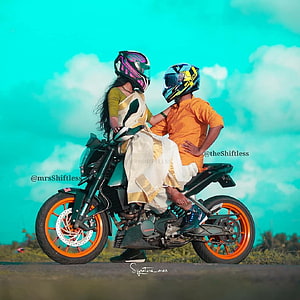 Couple Riding Green Motorcycle With Orange Rims In Traditional Attire HD phone wallpaper