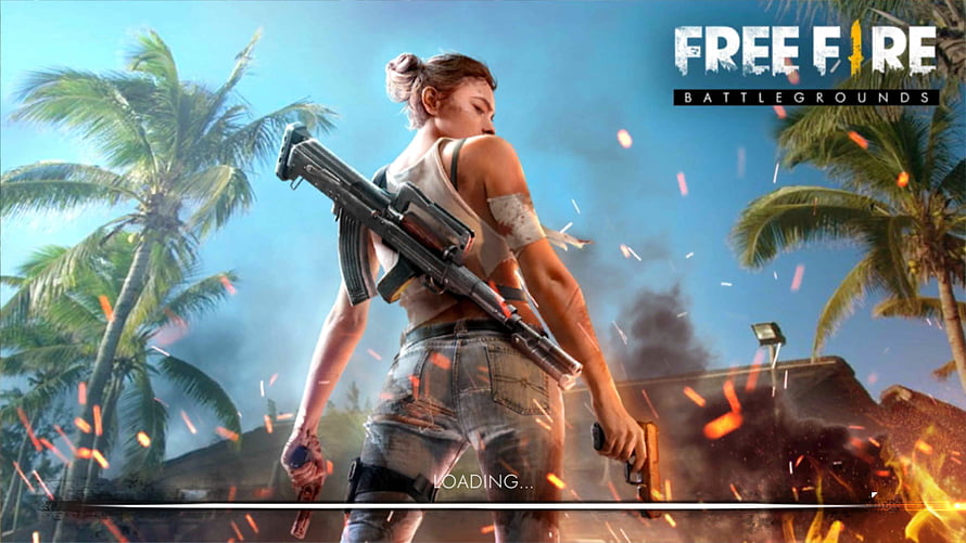 Free Fire Battlegrounds Loading Screen With Armed Female Character In Tropical Combat Zone HD wallpaper