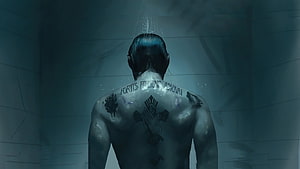 John Wick Back Tattoo Scene Under Shower Stream in Dark Bathroom HD wallpaper