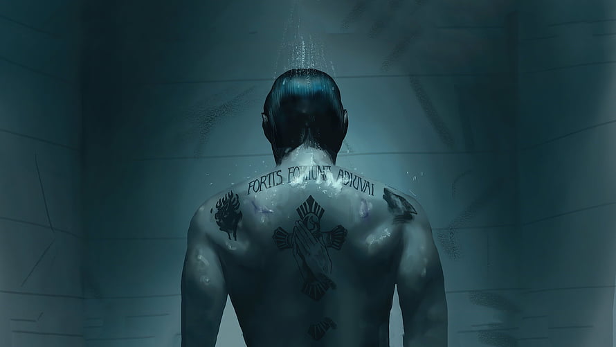 John Wick Back Tattoo Scene Under Shower Stream in Dark Bathroom HD wallpaper