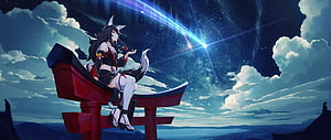 Anime Girl With Fox Ears Sitting On Torii Gate Watching Shooting Star HD wallpaper