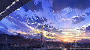 Anime Style Sunset Sky With Power Lines And Mountains HD wallpaper