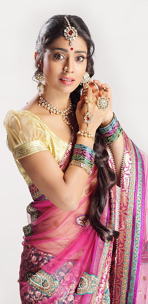 Shriya Saran in Traditional Pink Saree with Gold Jewelry and Maang Tikka HD phone wallpaper