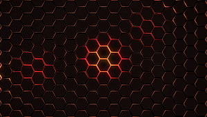 Glowing Hexagonal Grid Pattern with Fiery Orange and Red Light Accents on Dark Background HD wallpaper