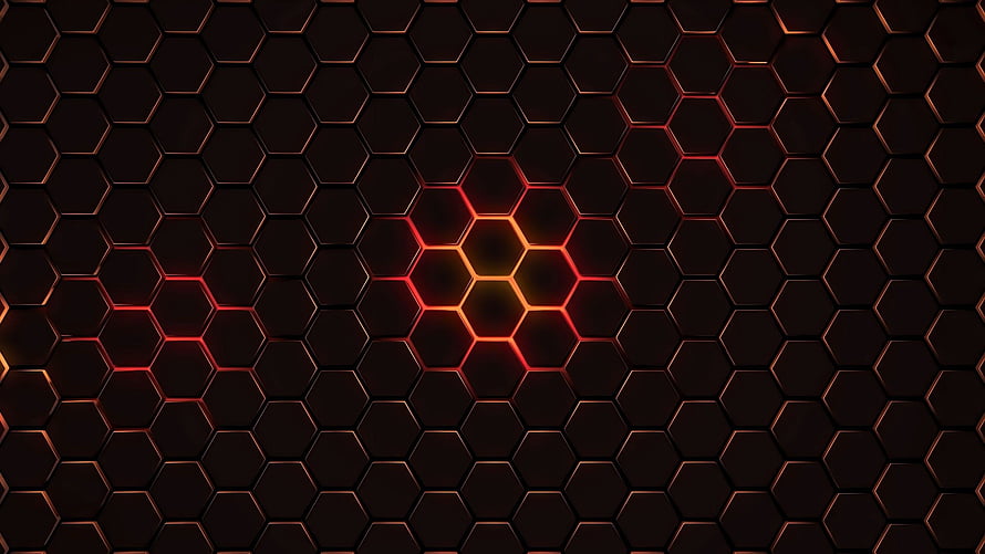 Glowing Hexagonal Grid Pattern with Fiery Orange and Red Light Accents on Dark Background HD wallpaper