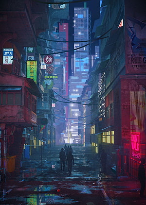 Neon-lit cyberpunk alleyway at night with rain reflections and silhouetted figures walking through a futuristic cityscape HD phone wallpaper