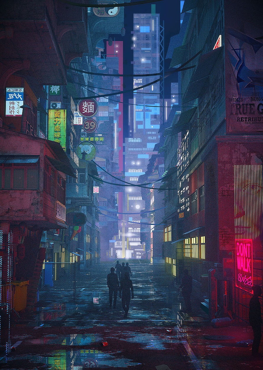 Neon-lit cyberpunk alleyway at night with rain reflections and silhouetted figures walking through a futuristic cityscape HD phone wallpaper