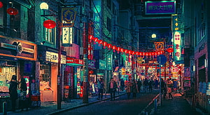 Vibrant Neon-Lit Japanese Street Scene at Night with Red Lanterns and Crowds HD wallpaper