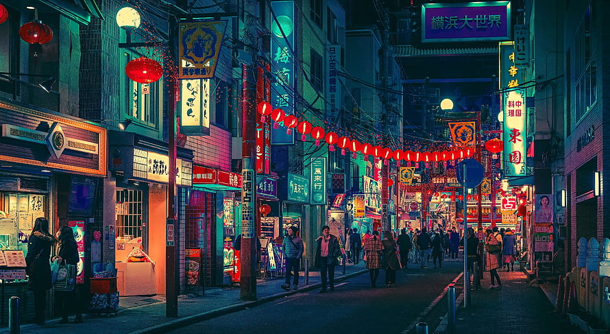 Vibrant Neon-Lit Japanese Street Scene at Night with Red Lanterns and Crowds HD wallpaper