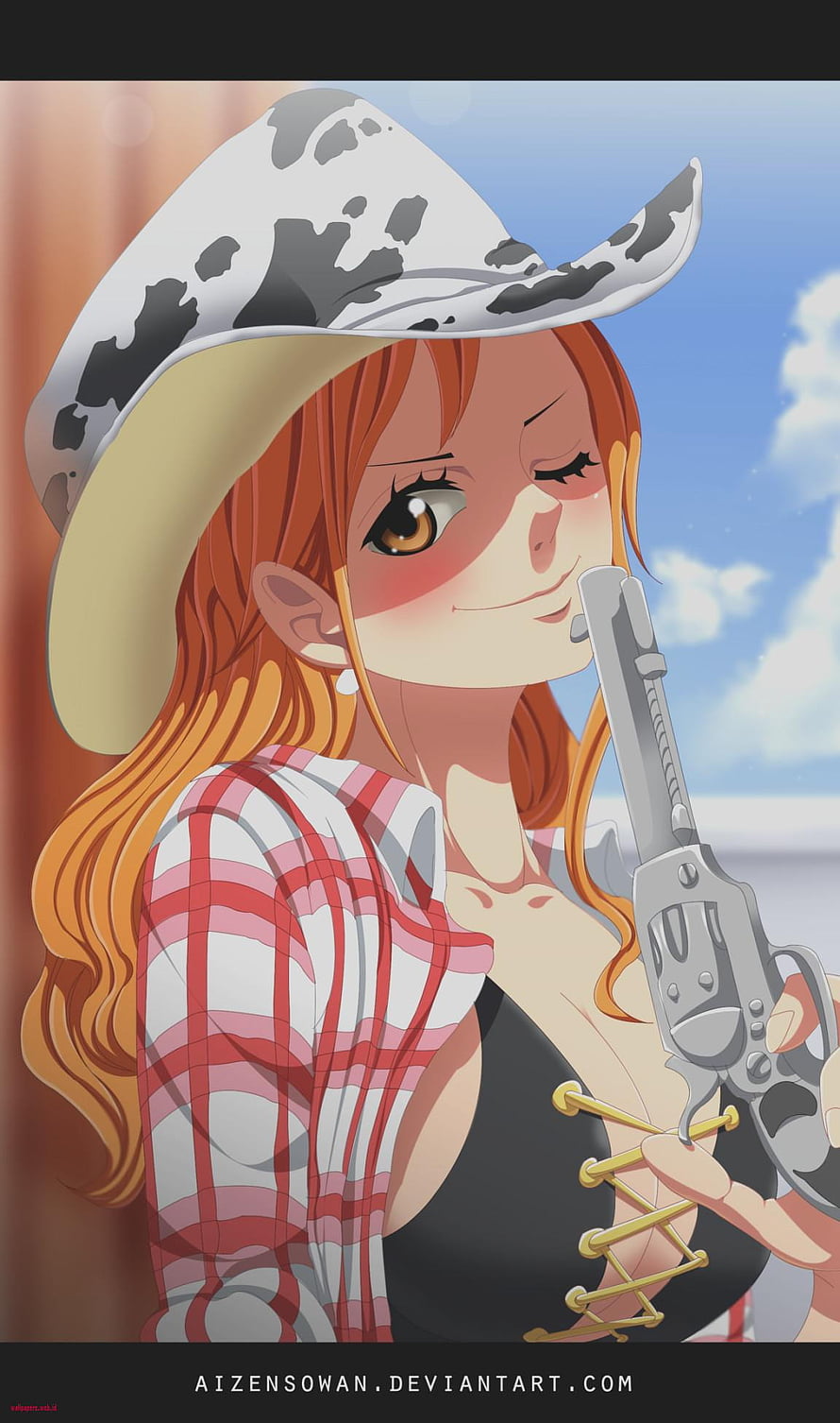 Nami One Piece Anime Character in Cowboy Outfit Holding Revolver HD phone wallpaper