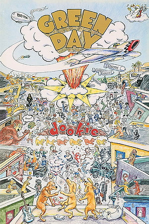 Green Day Dookie Album Cover Artwork Featuring Chaotic Cartoon Illustration and Dancing Dogs HD phone wallpaper