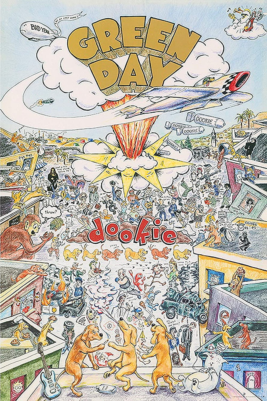 Green Day Dookie Album Cover Artwork Featuring Chaotic Cartoon Illustration and Dancing Dogs HD phone wallpaper