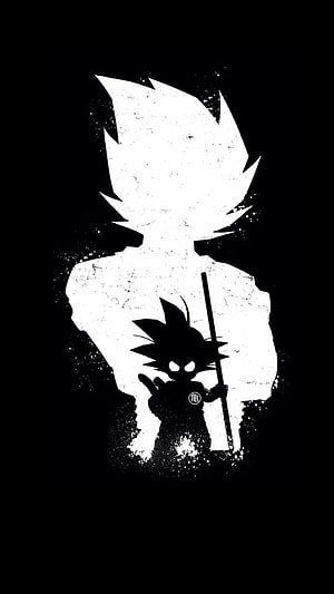 Goku Silhouette with Staff in High Contrast Black and White Anime Art HD phone wallpaper