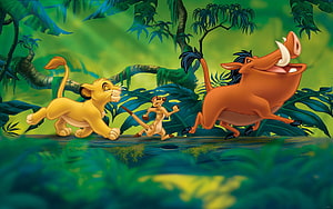 Simba Timon and Pumbaa Running Through the Jungle in The Lion King HD wallpaper