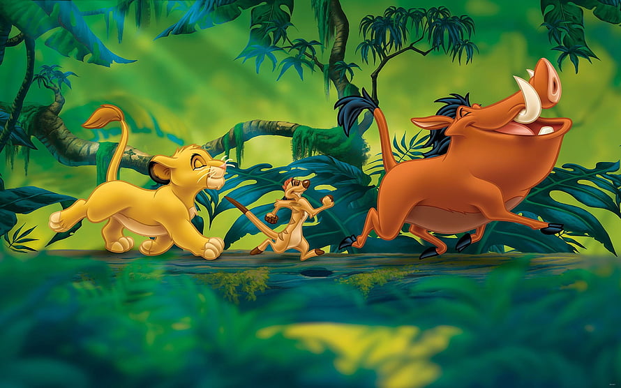 Simba Timon and Pumbaa Running Through the Jungle in The Lion King HD wallpaper