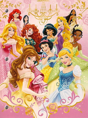 Disney Princess Group Portrait in Elegant Ball Gowns with Pink Floral Background HD phone wallpaper