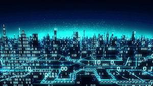 Futuristic Digital Cityscape With Binary Code And Neon Blue Data Streams HD wallpaper