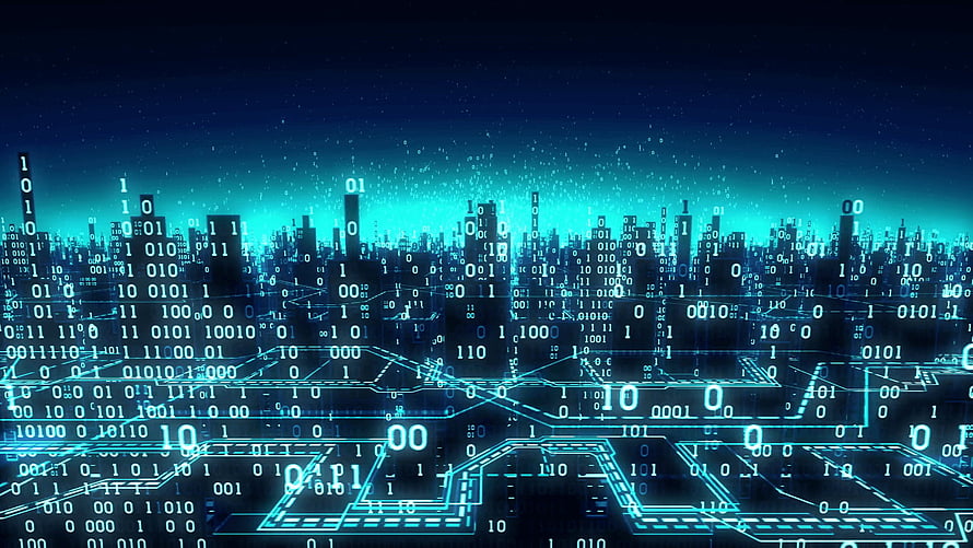 Futuristic Digital Cityscape With Binary Code And Neon Blue Data Streams HD wallpaper
