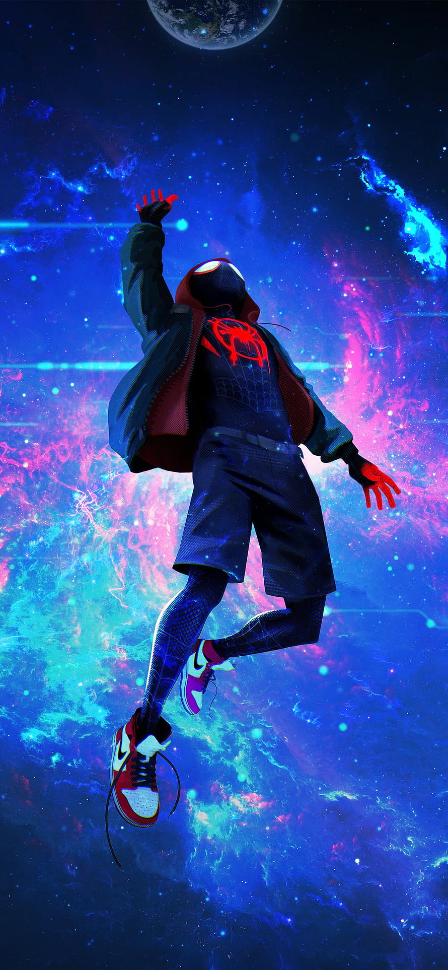 Miles Morales Spider-Man Floating in Vibrant Cosmic Nebula Space Art, Miles Morales Spider, spider man 13 HD phone wallpaper