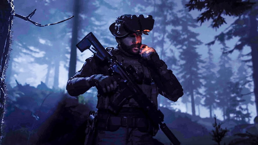 Tactical soldier with rifle and night vision goggles in dark forest HD wallpaper