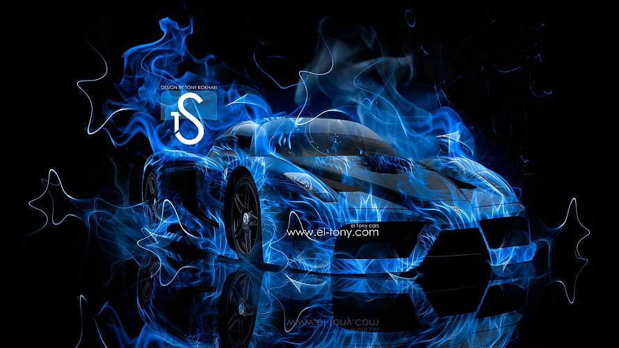Blue Neon Fire Enveloping a Sleek Sports Car on a Black Background HD wallpaper