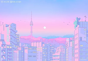 Pastel Seoul Cityscape With N Seoul Tower In Retro Vaporwave Style HD wallpaper