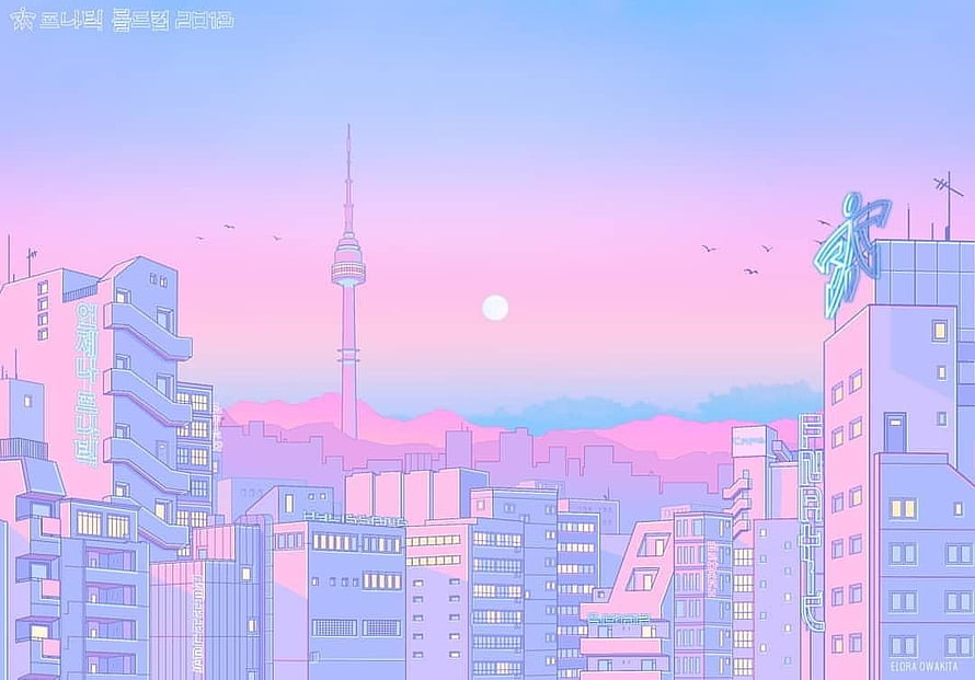 Pastel Seoul Cityscape With N Seoul Tower In Retro Vaporwave Style HD wallpaper