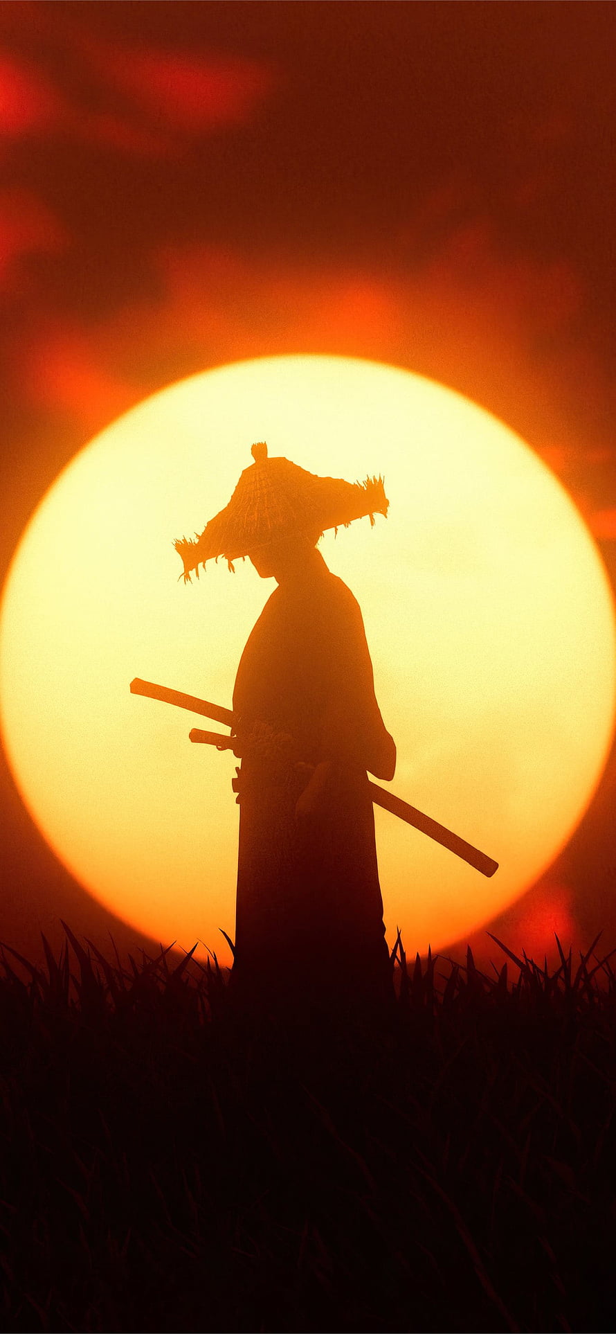 Silhouette of a Samurai Warrior with Straw Hat Against Giant Sunset HD phone wallpaper