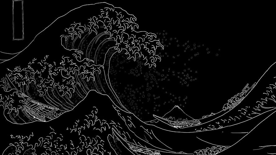 The Great Wave off Kanagawa by Hokusai - Black and White Line Art Wallpaper HD wallpaper
